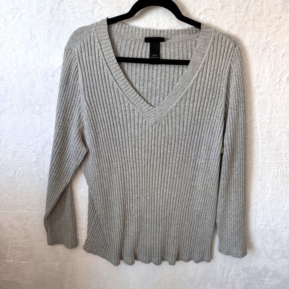 Lane Bryant Sweater Ribbed Knit V-Neck 18/20 Gray Womens Plus Size Minimalist